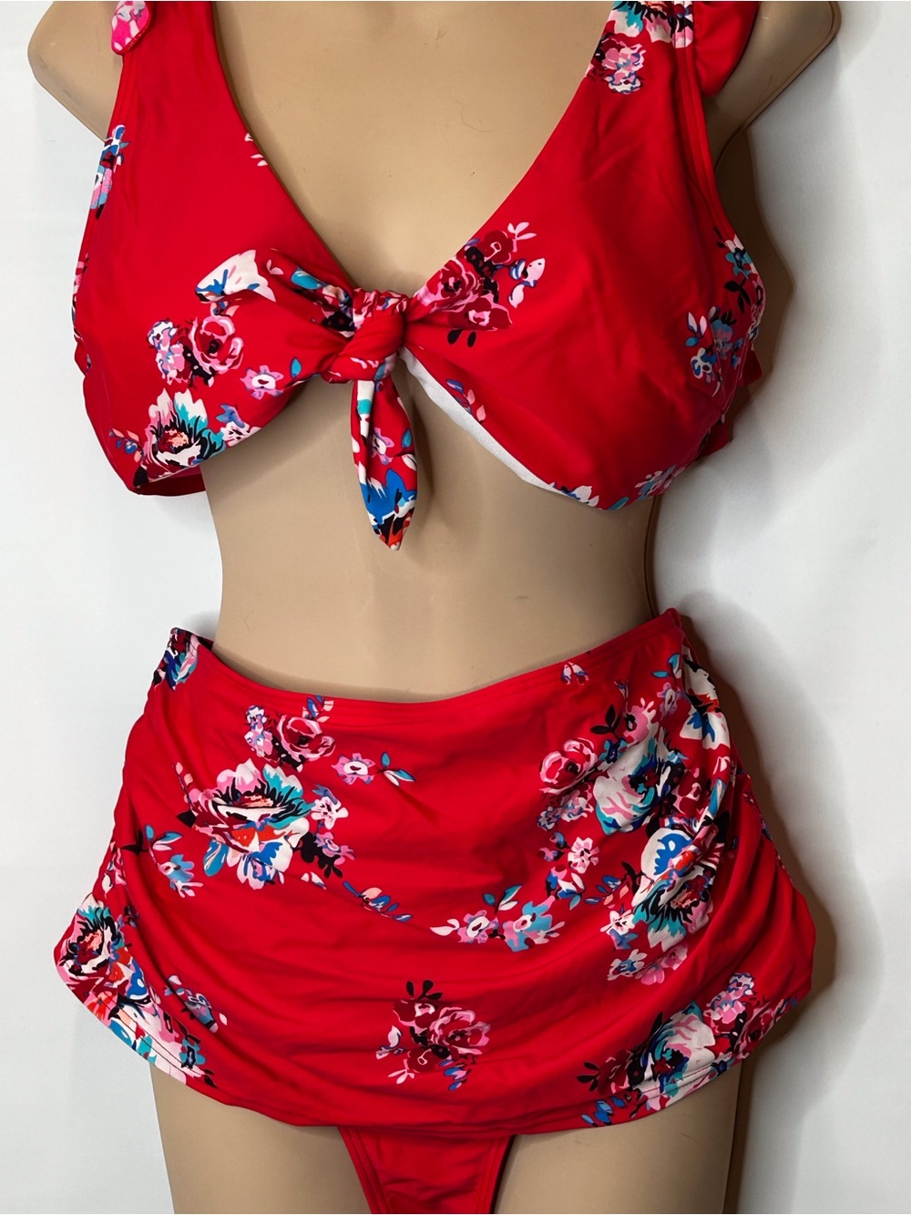 COCOSHIP Red Floral Tie-Front Bikini with Skirted Bottom
